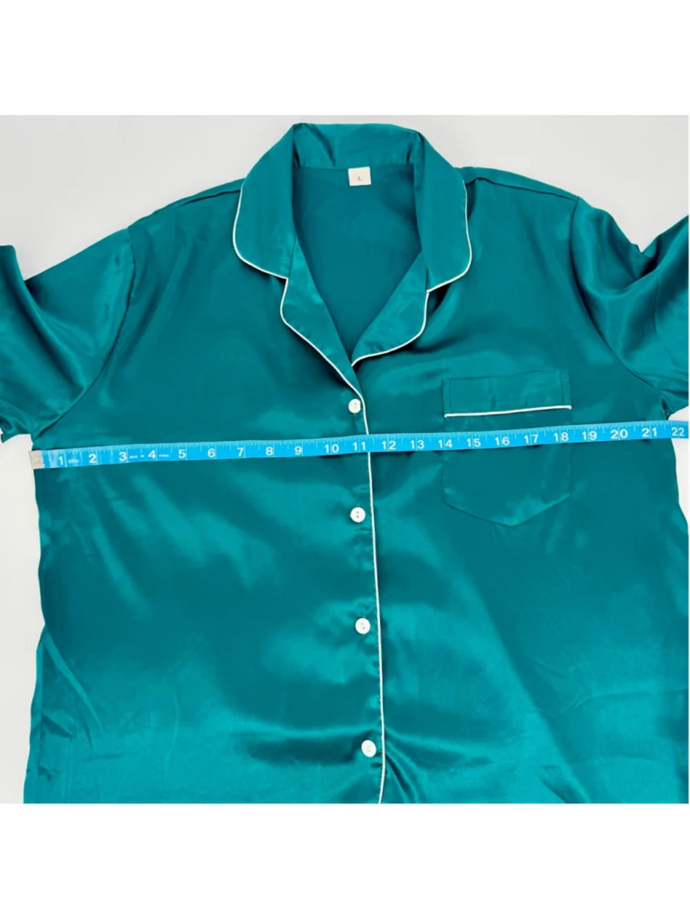 Swomog Teal Green & White Satin Pajama Set L Button Down Short Sleeve
